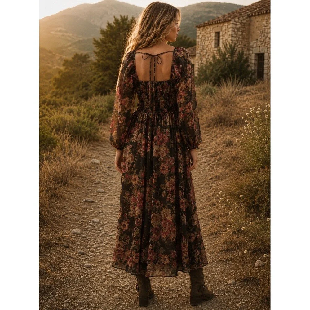 Promesa NWT Wildflower Glen Floral Velvet Trimmed Maxi Dress Size M Boho Fairy - Picture 2 of 10